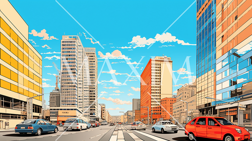 都心のビル街：ポップでカラフルな表現