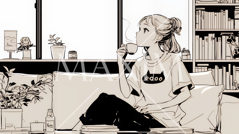 リビングで紅茶を飲んでいる女性（シンプルな色使い）