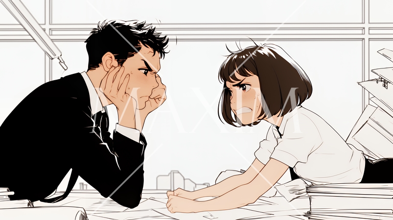 オフィスで言い争いをしているビジネスパーソン（シンプルな色使い）