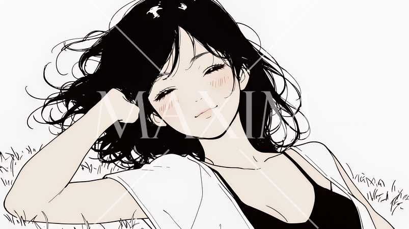 幸せそうな寝顔で眠っている若い女性（シンプルな色使い）