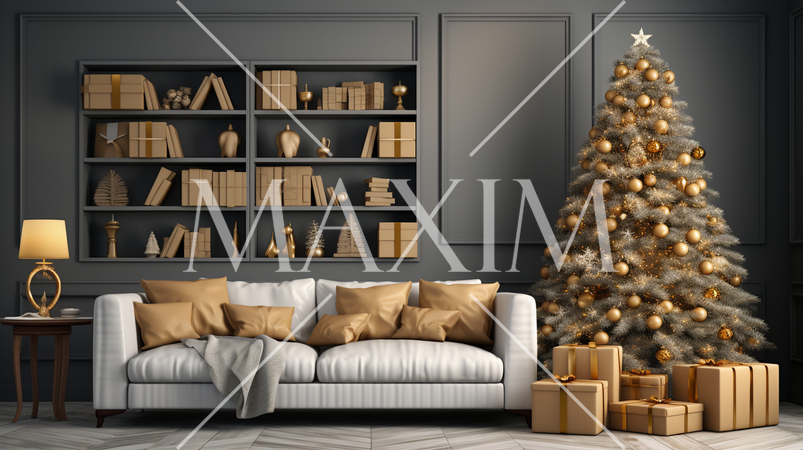 クリスマスツリー飾りのある黄色・金色基調の居間