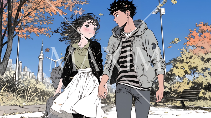 紅葉の公園でデートをしている若い男女のカップル