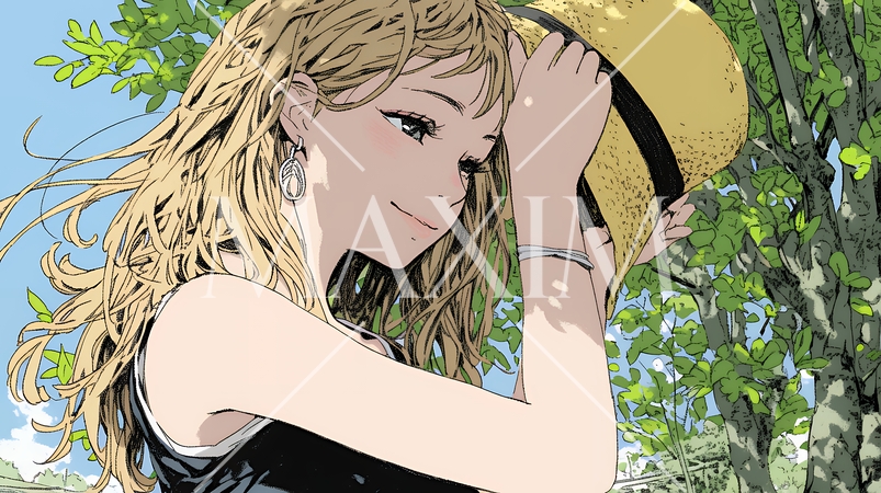 春風に飛ばされそうな帽子を、手で押さえる若い女性