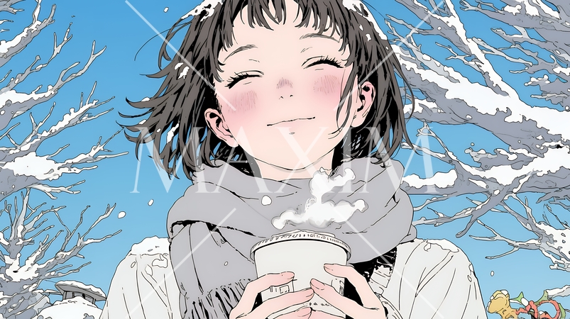 寒い冬、温かい飲み物を手にして、ふっと幸せそうに微笑む若い女性