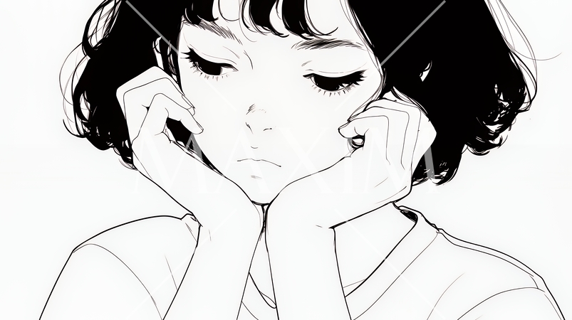 ため息をつく若い女性（シンプルな色使い）