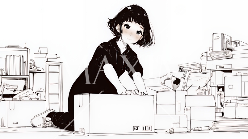 引っ越しの荷造り・荷解きをしている若い女性（シンプルな色使い）