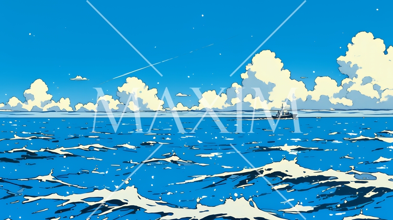 夏の青い空と青い海と白い雲のコントラスト