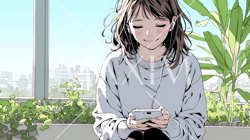 楽しそうにスマホ画面を眺めている若い女性