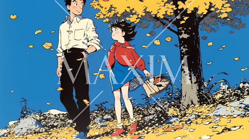 紅葉の小径を仲良く歩く少女と父親