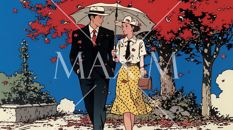 紅葉の公園でデートをしている若い男女のカップル