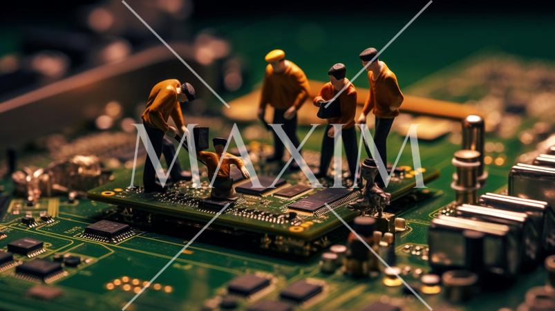 PCの基板の上で一生懸命働いている小人たち