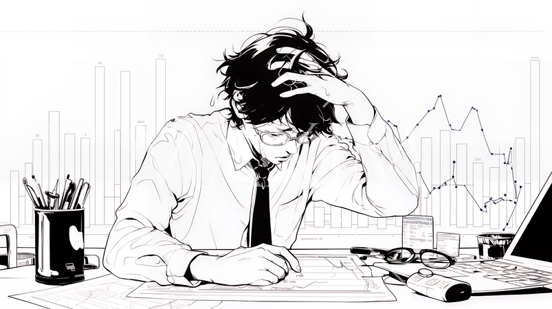 金融市場の急激な変動で頭を抱えている男性（シンプルな色使い）