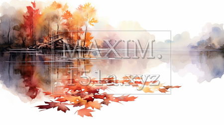 水面から見た紅葉：水彩画（イラストID:9967056-18523）
