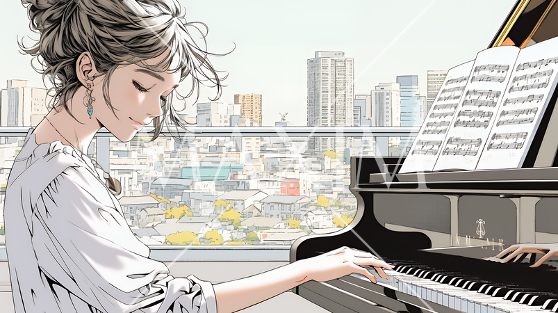 ピアノを弾いている若い女性