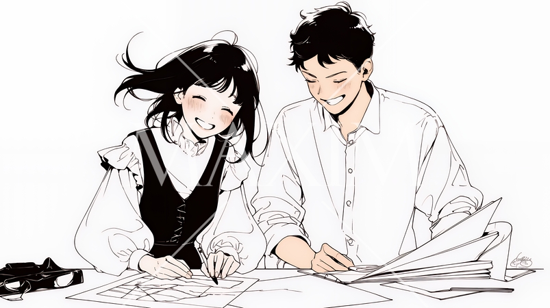 仲良く二人で旅行の計画を立てている若いカップル（シンプルな色使い）