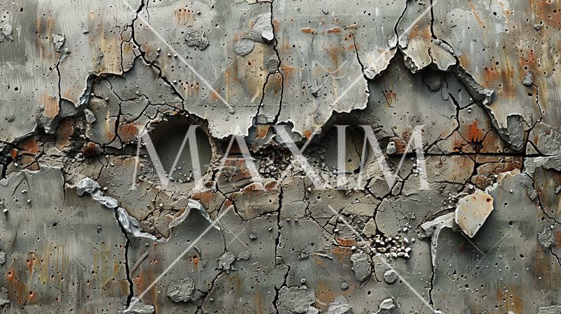 弾痕のようにひび割れて鉄筋のさびがにじみ出ているコンクリート壁のイメージ：精緻CG