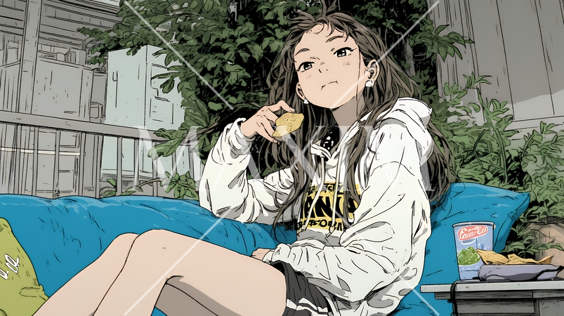 ポテトチップスをつまみながら、ひとりでビデオを観る若い女性