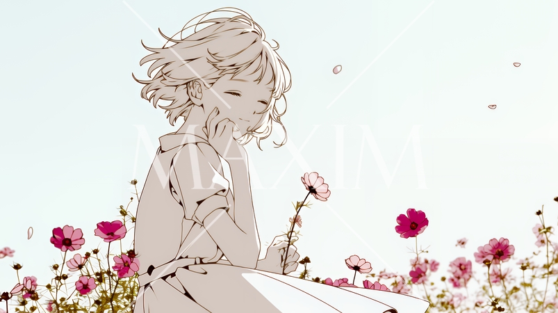 コスモス畑にいる若い女性（シンプルな色使い）