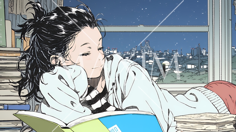 資料（本）を読みながら、うとうと眠ってしまう若い女性