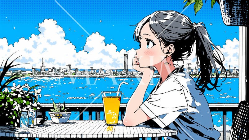 海辺の喫茶レストランで飲み物を飲んでいる若い女性