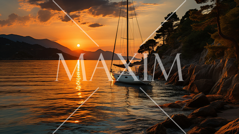 瀬戸内海の夕日とヨット：精緻CG