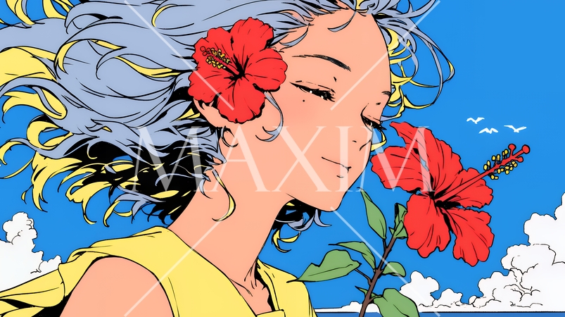 ハイビスカスと若い女性