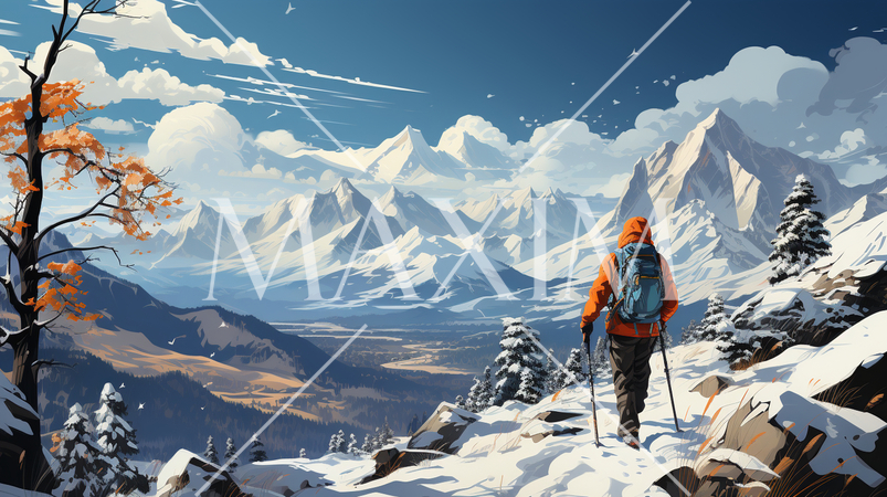 雪山をトレッキングしている男性