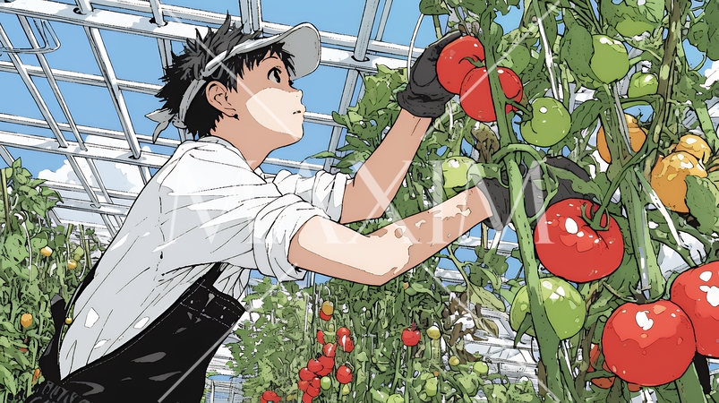 ビニールハウスでトマトの収穫をする農家の人