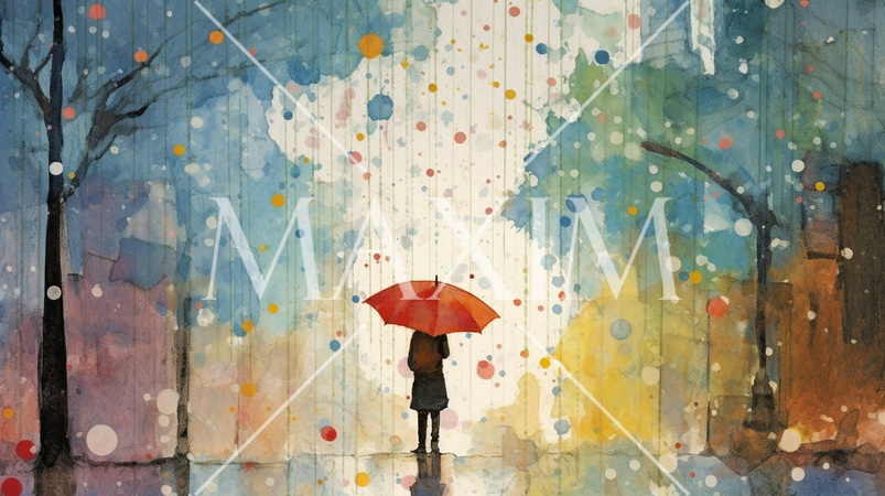 雨降りの街角に女性が傘をさしている風景（近影トリミングもかっこいい）：　水彩画