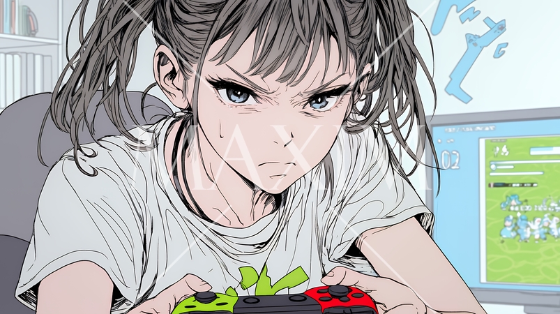 対戦型テレビゲームに没頭している若い女性