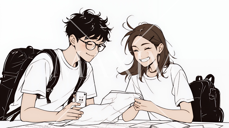 仲良く二人で旅行の計画を立てている若いカップル（シンプルな色使い）