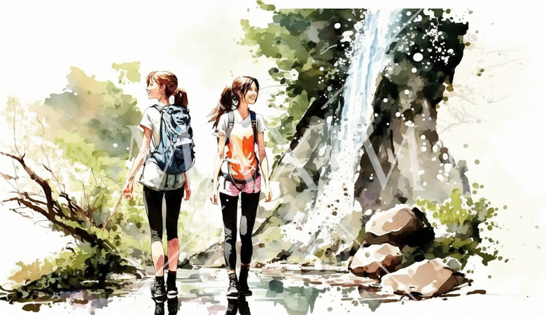 山にハイキングに来ている仲の良い若い女友達：水彩画