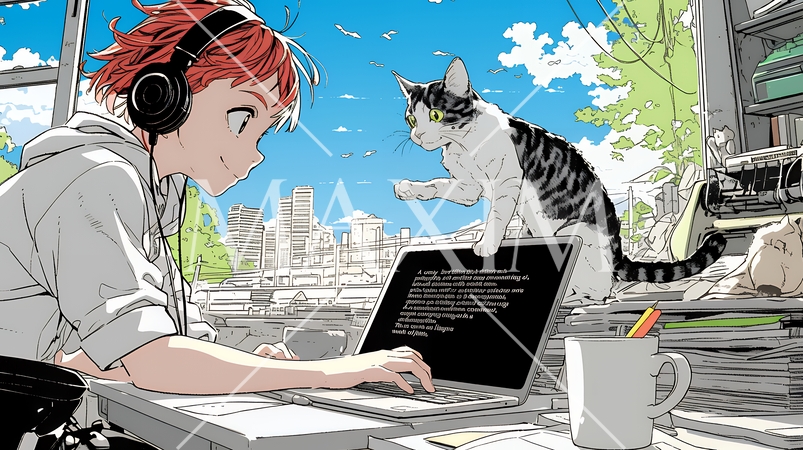 自宅でのリモートワークの場面：ペットのネコと奮闘中