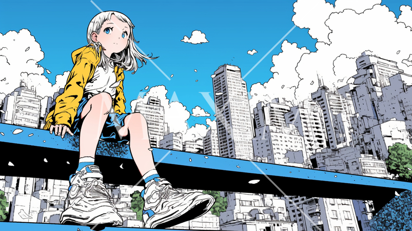 大都市の高層ビル街をバックにな手すりに座っている少女