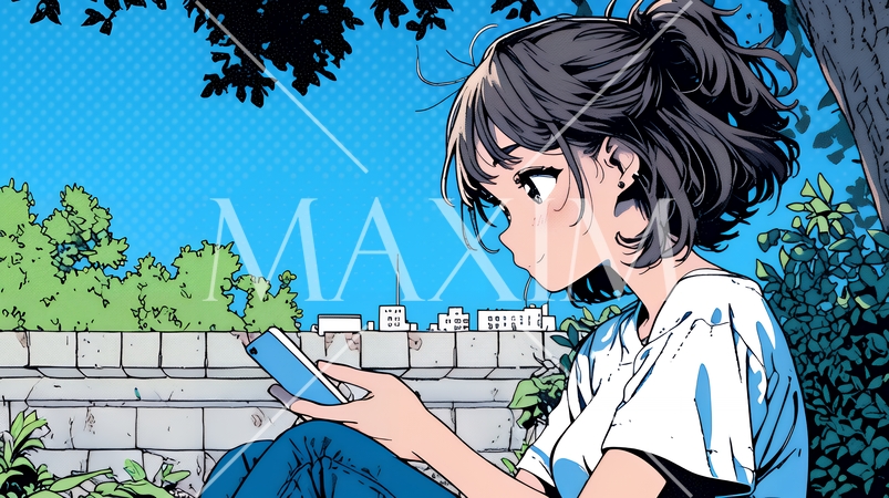 外出中にスマートフォンをいじくっている若い女性