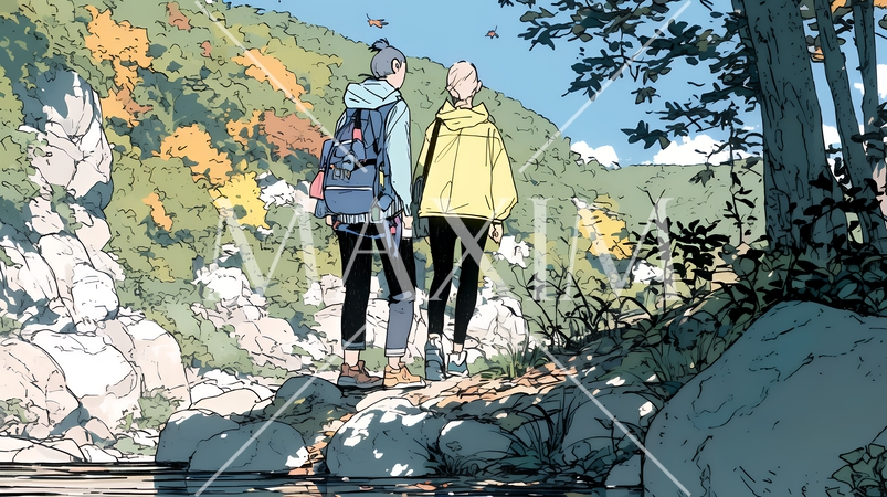 秋の野山をハイキングしている若い女性