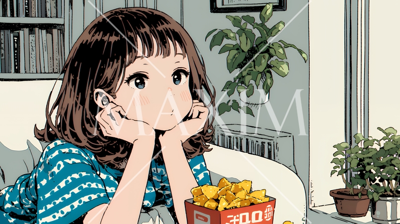 ポテトチップスをつまみながら、ひとりでビデオを観る若い女性