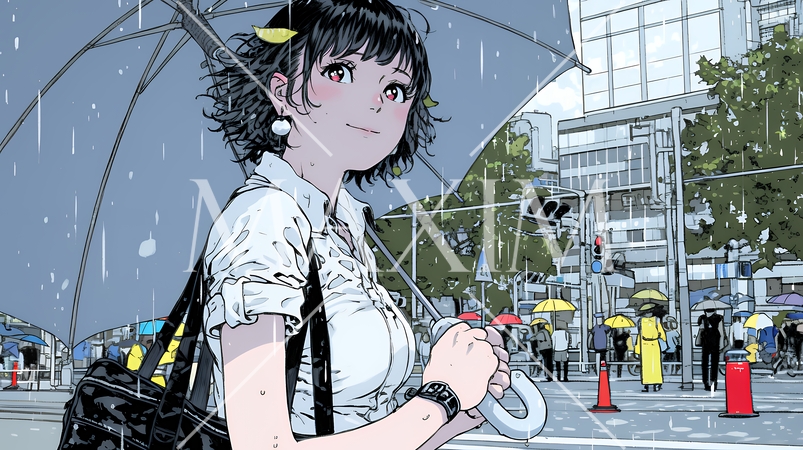 雨の日に傘をさして歩く若い女性