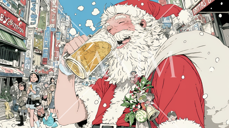 豪快にビールを飲んでいるサンタクロース