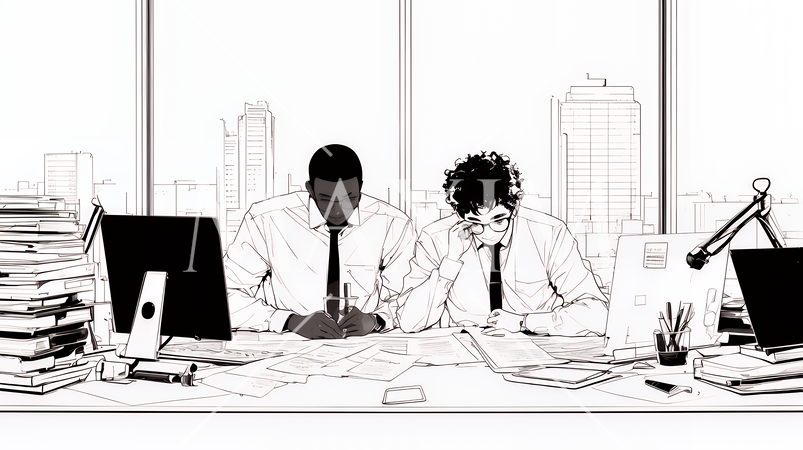 共同で企画書をまとめているビジネスパーソン（シンプルな色使い）