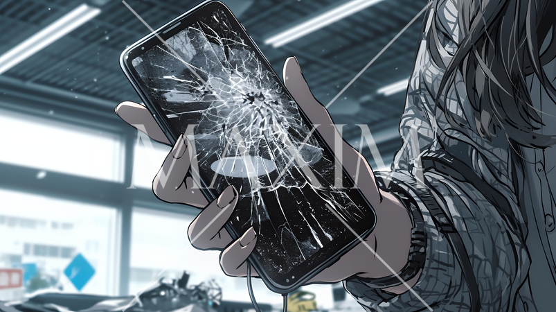 画面が激しく割れているスマートフォンを手にしているいる若い女性