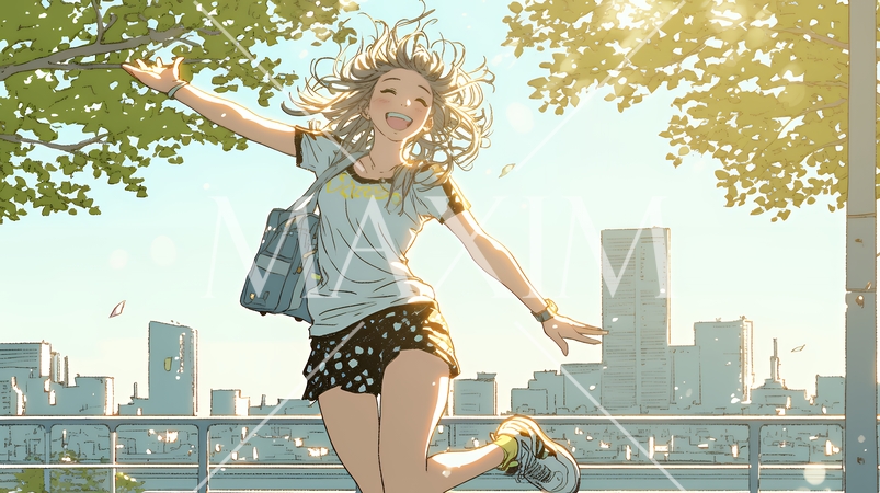 喜びにあふれ、軽やかにスキップする若い女性