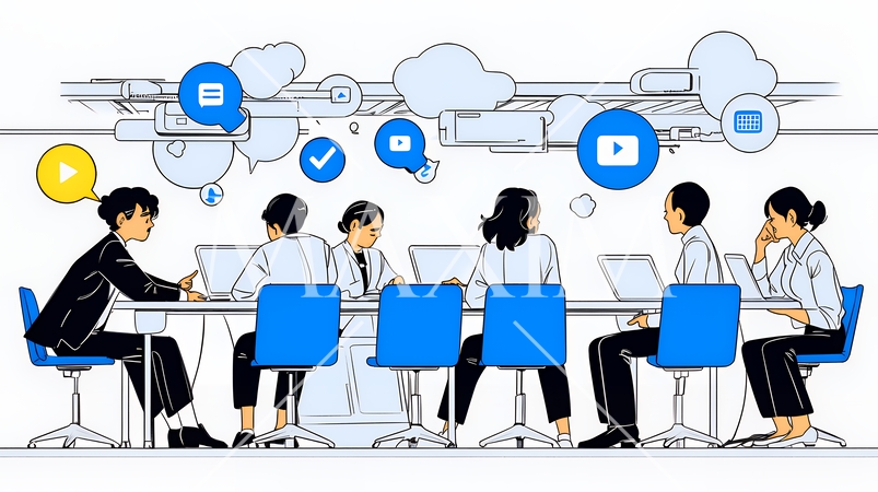 ITビジネスとクラウド技術のコンセプト｜ノートPCで働くチームとデータネットワークのイメージ