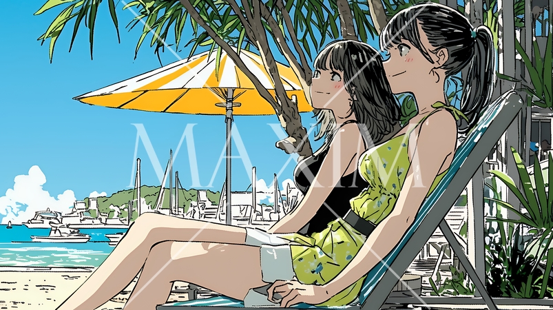 プールサイドのデッキチェアで談笑する女友達たち｜夏のリゾートで過ごすリラックスしたライフスタイルイメ