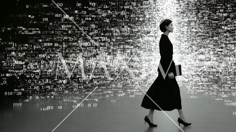 デジタルデータと日本人ビジネスウーマン｜AI・IT時代のテクノロジーイメージ（バイナリーコード）