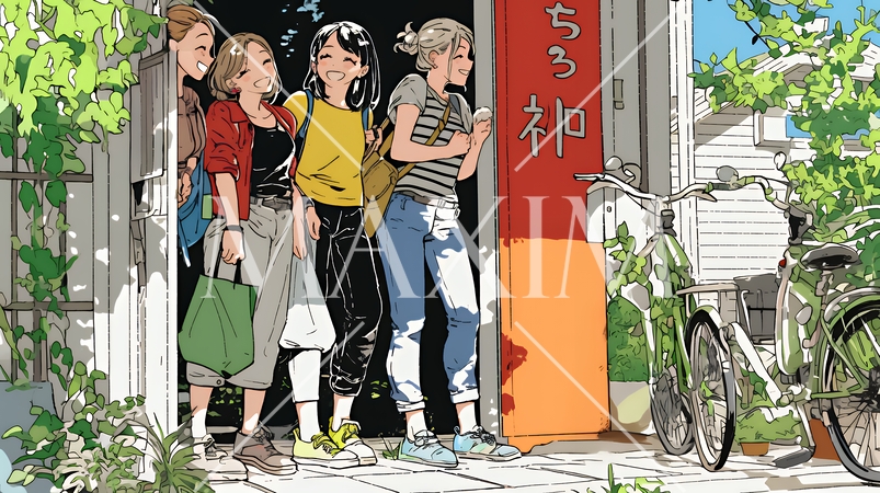 道端で会話を楽しむ若い主婦たち（ママ友たち）