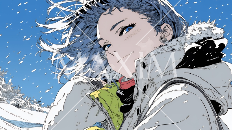 雪の積もる田舎道を歩いている若い女性