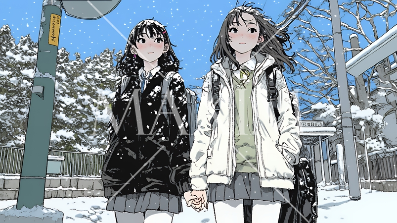 雪の日に友達と通学する女子高生