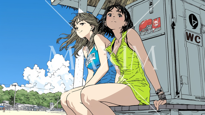 トイレ待ち：仲の良い友達同士で南国の海岸に水着姿でトイレ待ちをしている若い女性たち