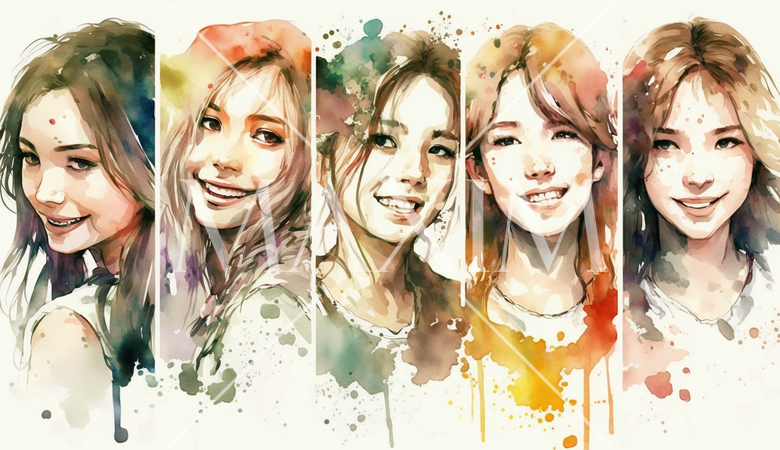 笑顔の若い女性たち：水彩画